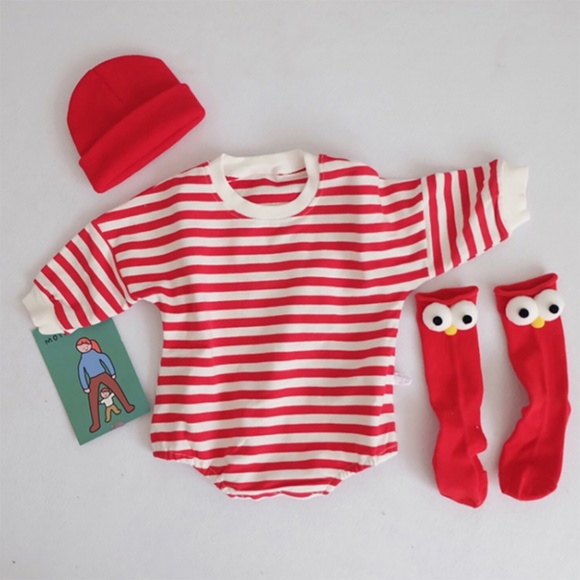 Baby Unisex Red Striped Long Sleeve Romper - Picture 1 of 5